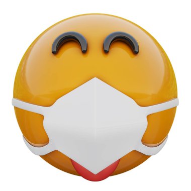 Koronavirüs 2019-nCoV, MERS-nCoV, sars, kuş gribi ve diğer virüsler, mikroplar ve bakteriler ve bulaşıcı hastalıklardan korunan tıbbi maskedeki üç boyutlu arsız ve şakacı sarı ifade..