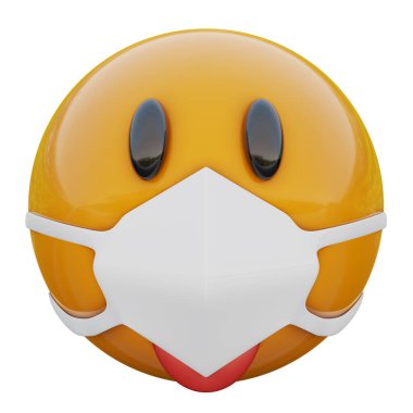 Koronavirüs 2019-nCoV, MERS-nCoV, sars, kuş gribi ve diğer virüsler, mikroplar ve bakteriler ve bulaşıcı hastalıklardan korunan tıbbi maskedeki üç boyutlu arsız ve şakacı sarı ifade..