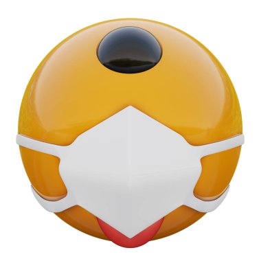Tıbbi maskeli üç boyutlu arsız ve şakacı Kiklop sarı emoji suratı Coronavirus 2019-nCoV, MERS-nCoV, sararlar, kuş gribi ve diğer virüsler, mikroplar ve bakteriler ve bulaşıcı hastalıklardan korunuyor..