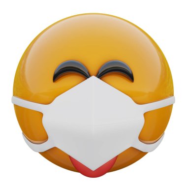 Koronavirüs 2019-nCoV, MERS-nCoV, sars, kuş gribi ve diğer virüsler, mikroplar ve bakteriler ve bulaşıcı hastalıklardan korunan tıbbi maskedeki üç boyutlu arsız ve şakacı sarı ifade..