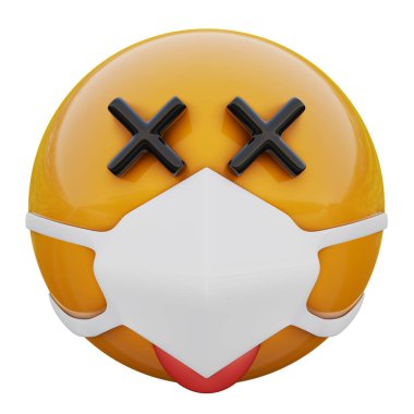 Koronavirüs 2019-nCoV, MERS-nCoV, sararlar, kuş gribi ve diğer virüsler, mikroplar ve bakteriler ve bulaşıcı hastalıklardan koruyan tıbbi maskeli ölü sarı emoji suratı..