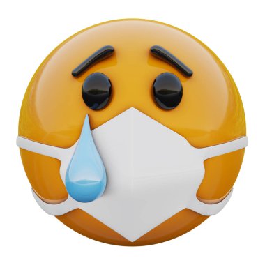 3 boyutlu ağlayan, tıbbi maskeli üzgün, sarı emoji suratı Coronavirüs 2019-nCoV, MERS-nCoV, sararlar, kuş gribi ve diğer virüsler, mikroplar ve bakteriler ve bulaşıcı hastalıklardan koruyor..