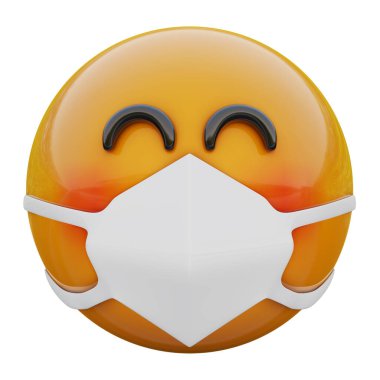 3D mutlu ve yüzü kızaran sarı emoji maskeli Coronavirus 2019-nCoV, MERS-nCoV, sararlar, kuş gribi ve diğer virüsler, mikroplar ve bakteriler ve bulaşıcı hastalıklardan korunuyor..