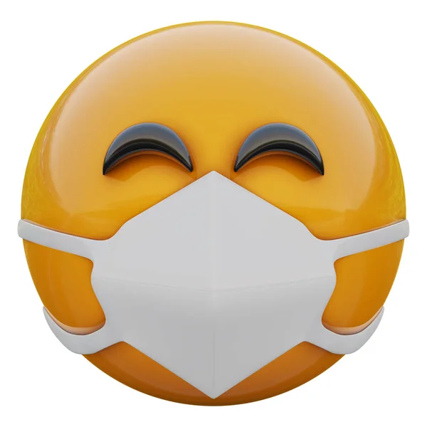 Rendering Del Viso Emoji Giallo Soddisfatto Maschera Medica Che Protegge — Foto Stock