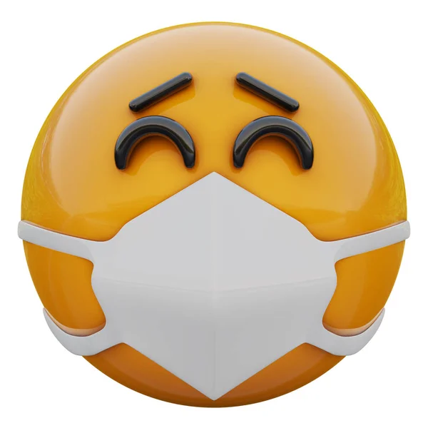 Render Boldog Boldog Sárga Emoji Arc Orvosi Maszk Véd Coronavirus — Stock Fotó