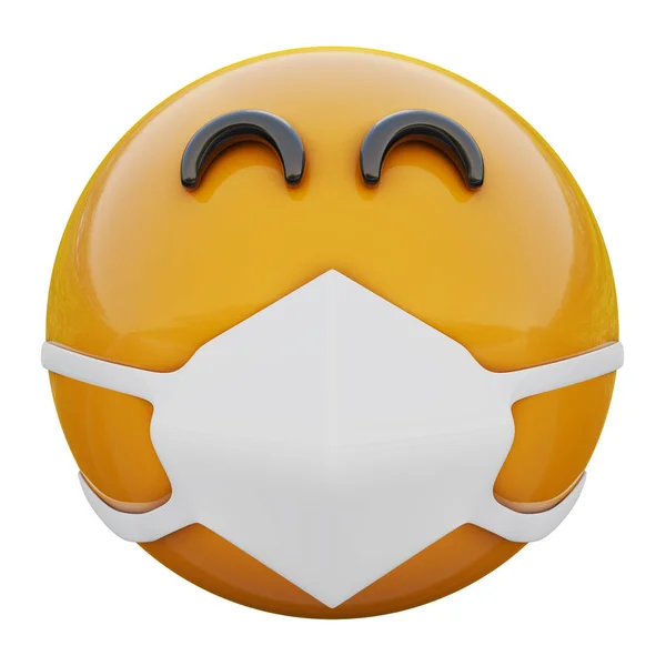 Elégedett Sárga Emoji Arc Megjelenése Orvosi Maszkban Védve Koronavírustól 2019 — Stock Fotó