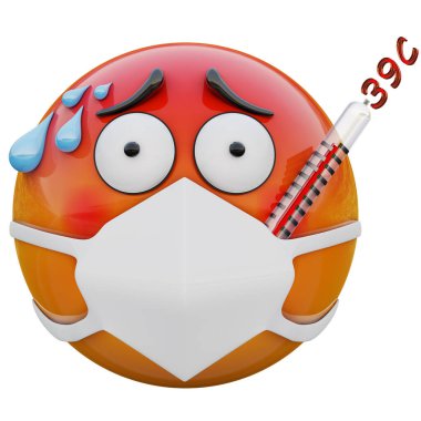 Ölümcül hastalığın 3 boyutlu görüntüsü. Ölüme yakın sarı emoji maskeli. Coronavirüs 2019-nCoV, MERS-nCoV, sararlar, kuş gribi ve diğer virüsler, mikroplar ve bakteriler ve bulaşıcı hastalıklardan korunuyor..