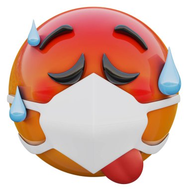 3D aşırı ısınmış kırmızı emoji suratı tıbbi maskede Coronavirus 2019-nCoV, MERS-nCoV, sararlar, kuş gribi ve diğer virüsler, mikroplar ve bakteriler ve bulaşıcı hastalıklardan korunuyor..