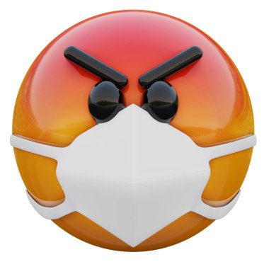 3D kırmızı emoji suratı tıbbi maske takarak Coronavirüs 2019-nCoV, MERS-nCoV, sararlar, kuş gribi ve diğer virüsler, mikroplar ve bakteriler ve bulaşıcı hastalıklardan korunuyor..