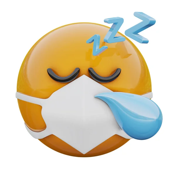 Weergave Van Vermoeide Slapende Gele Emoji Gezicht Medisch Masker Ter — Stockfoto