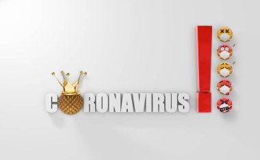 3 boyutlu Coronavirus metni ve koronavirüs belirtileri gösteren bir grup emoji yüzü. Altın taç covid virüs hücresine konur. Covid19 'u duygu topluluğuna yaymak.