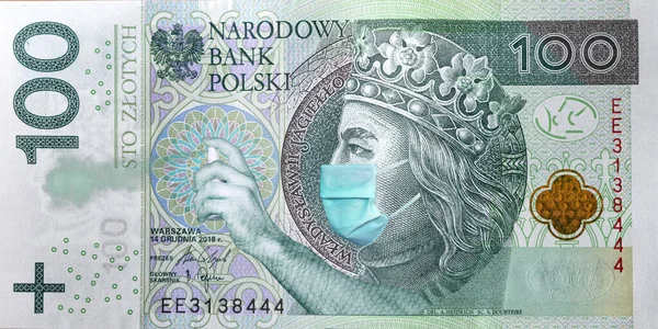 Koronawirus Polsce Kwarantanna Globalna Recesja 100 Złotych Banknotów Maską Twarz — Zdjęcie stockowe