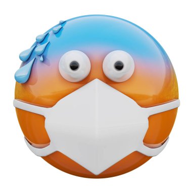 Koronavirüs 2019-nCoV, MERS-nCoV, sararlar, kuş gribi ve diğer virüsler, mikroplar ve bakteriler ve bulaşıcı hastalıklardan koruyan soğuk terli ve tıbbi maskeli üç boyutlu emoji suratı..