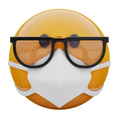 İnek gözlüklü ve tıbbi maskeli 3D emoji suratı Coronavirus 2019-nCoV, MERS-nCoV, sararlar, kuş gribi ve diğer virüsler, mikroplar ve bakteriler ve bulaşıcı hastalıklardan koruyor..