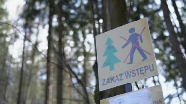 Polonya 'da komünizmin dönüşü. Bilgi levhasında ormana girişi yasaklayan bir tabela var. Yasak, Polonya anayasasına uymuyor. PIS, koronavirüs salgını sırasında insan haklarını ihlal ediyor.