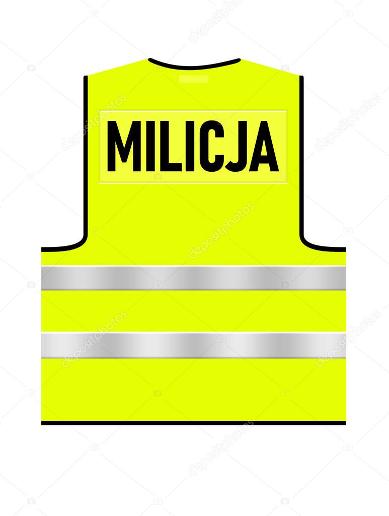 Bright green  yellow Polish traffic Milicja vest on a white isolated background. Back view. Concept illustration.  Black text design logo. Traffic vest with stripes reflecting the light.