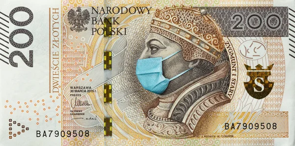 Coronavirus Poland Quarantine Global Recession 200 Polish Zloty Banknote Face — Stock Fotó