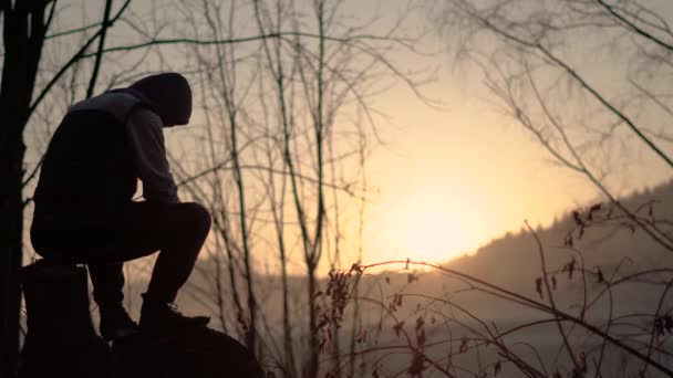 Silhouette Homme Pensif Assis Sur Tronc Arbre Fumant Une Cigarette — Video