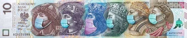 All Polish Banknotes Face Mask Infection Coronavirus Hit Polish Economy — Stock Photo, Image