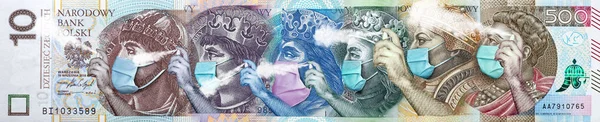 폴란드의 지폐에는 감염에 마스크가 코로나 바이러스는 폴란드 경제에 타격을 회사들의 — 스톡 사진
