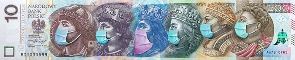 폴란드의 지폐에는 감염에 마스크가 코로나 바이러스는 폴란드 경제에 타격을 회사들의 로열티 프리 스톡 사진