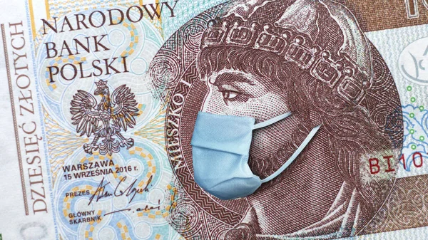 Lengyel Zlotych Közelről Nyomtatott Alatt Coronavirus Pandemic Lengyel Nemzeti Bank — Stock Fotó