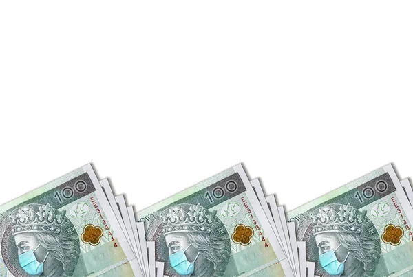 Koronawirus Polsce Kwarantanna Globalna Recesja 100 Złotych Polskich Banknotów Masce — Zdjęcie stockowe