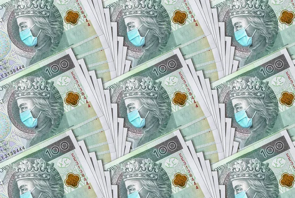 Коронавирус Польше Карантин Глобальная Рецессия 100 Польских Злотых Банкноты Маской — стоковое фото