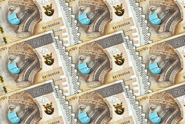 Koronawirus Polsce Kwarantanna Globalna Recesja 200 Złotych Polskich Banknotów Maską — Zdjęcie stockowe