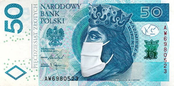 Polish Banknote Zloty Face Mask Coronavirus Pandemic National Bank Poland — Stock Photo, Image