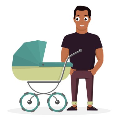Beyaz arka plan üzerinde bir bebek arabası ile genç Baba.