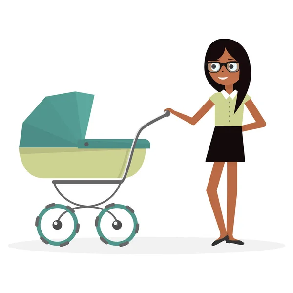 Mother with baby stroller. Cartoon illustration young woman and pram. — Stock Vector