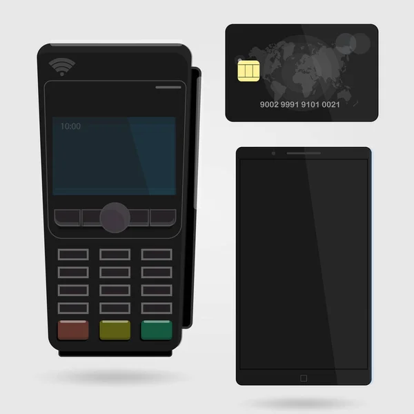 Terminal Pos confirma o pagamento por cartão de crédito de débito. Conceito de pagamentos Nfc . — Vetor de Stock