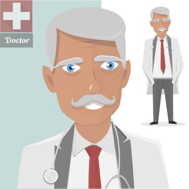 Yaşlı doktor stetoskop ile. Bıyıklı doktorun izole karakter.