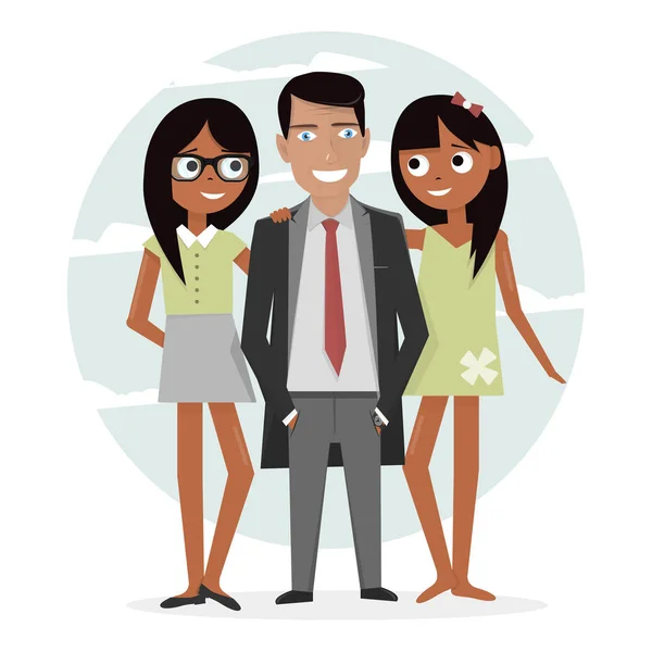 Man surrounded by two beautiful girls. Successful businessman in a suit, macho and handsome. Attractive guy on vacation. — Stock Vector