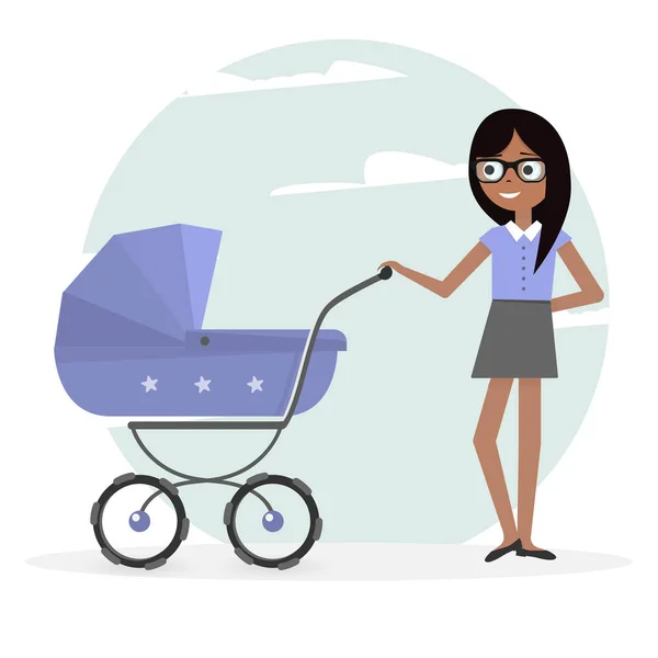 Illustratie vrouw en kinderwagen. Jonge moeder en baby wandelwagen. — Stockvector