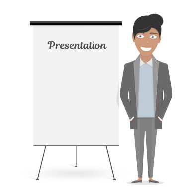 Takım elbiseli iş tanıtımı ve çizgi film kadın için beyaz tahta.