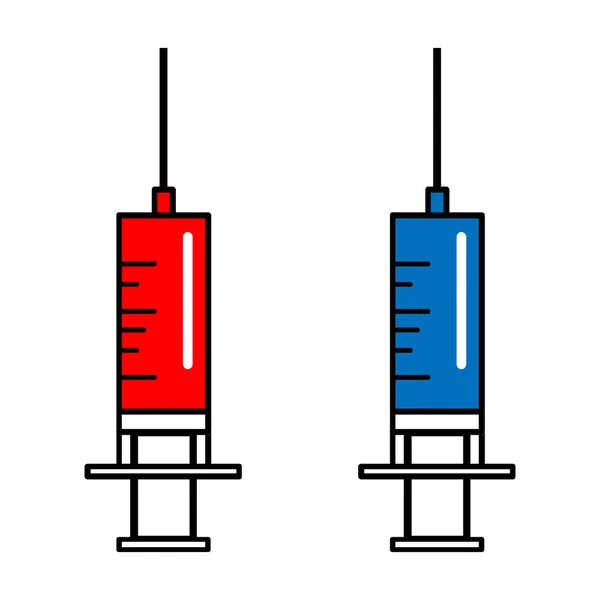 Estilo de moda para el diseño gráfico, interfaz de usuario, aplicación móvil. Icono de jeringa vectorial para vacuna inyectable con líquido rojo en sangre aislado sobre fondo blanco . — Vector de stock