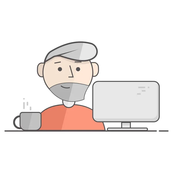 Vector flat illustration of happy man working on computer. Business process icon. Illustration for blog, social networks and web site. — Stock Vector