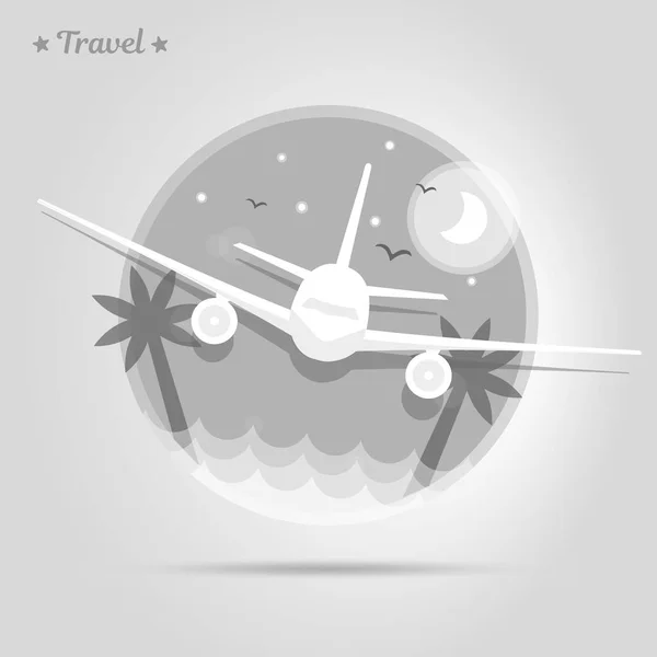 Icône avion survole une île avec des palmiers et la mer. Illustration noir et blanc . — Image vectorielle