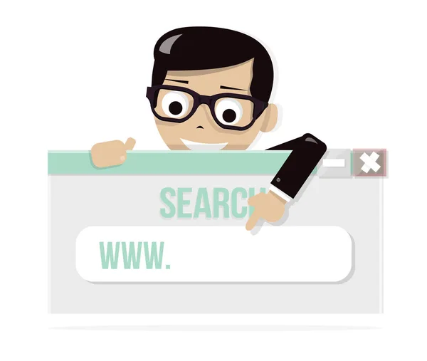 Niño mirando en la ventana del navegador simple. Su sitio web en la línea de búsqueda. Carácter feliz. Ilustración de vector plano . — Vector de stock