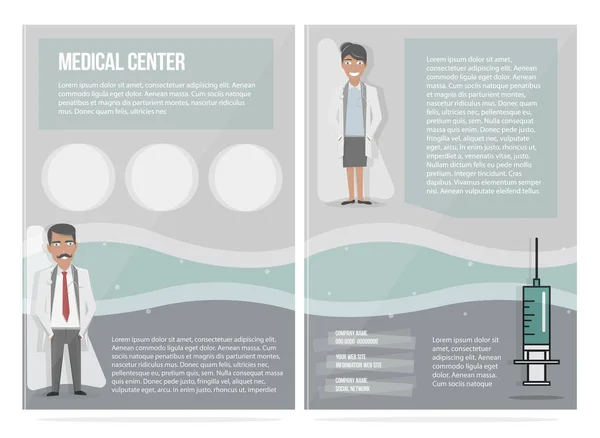 Medicinsk broschyr formgivningsmall. Tecknen av läkare kvinna och man. Cartoon platt modern stil. — Stock vektor