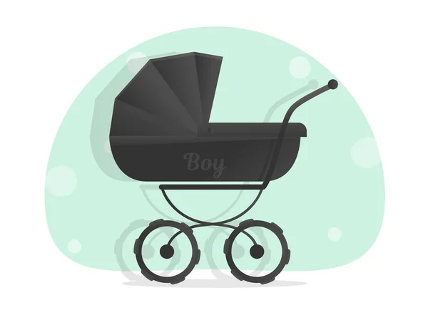 Fekete baby babakocsi a fiúk, elszigetelt fehér background. Karikatúra pram illusztrált. Trendi stílusú, grafikai tervezés, Web site, szociális média, felhasználói felület, mobil app. — Stock Vector