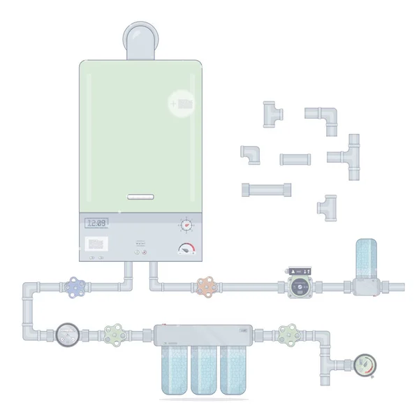Sistema de aquecimento. Conjunto de caldeira a gás e bomba de circulação, filtro de água . — Vetor de Stock