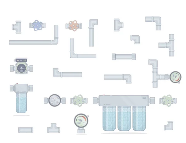 Filtro de agua. Limpieza de tres módulos. Fija tuberías. Contador de agua, grifo y bomba . — Archivo Imágenes Vectoriales