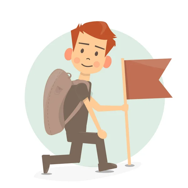 Un boy scout con la bandiera in mano. Illustrazione personaggio cartone animato . — Vettoriale Stock