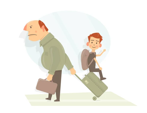 Father and his son are going on vacation in airport. Funny cartoon style. Concept for family time, vacation. — Stock Vector
