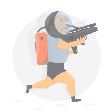 Silah ile eğlenceli ve komik astronot. Karakter mizah stili.