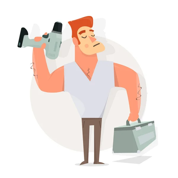 Handyman with drill in hand and tools. — Stock Vector