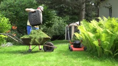 çalışan adam sallamak çim çim biçme makinesi çantasından el arabası dökün. 4k